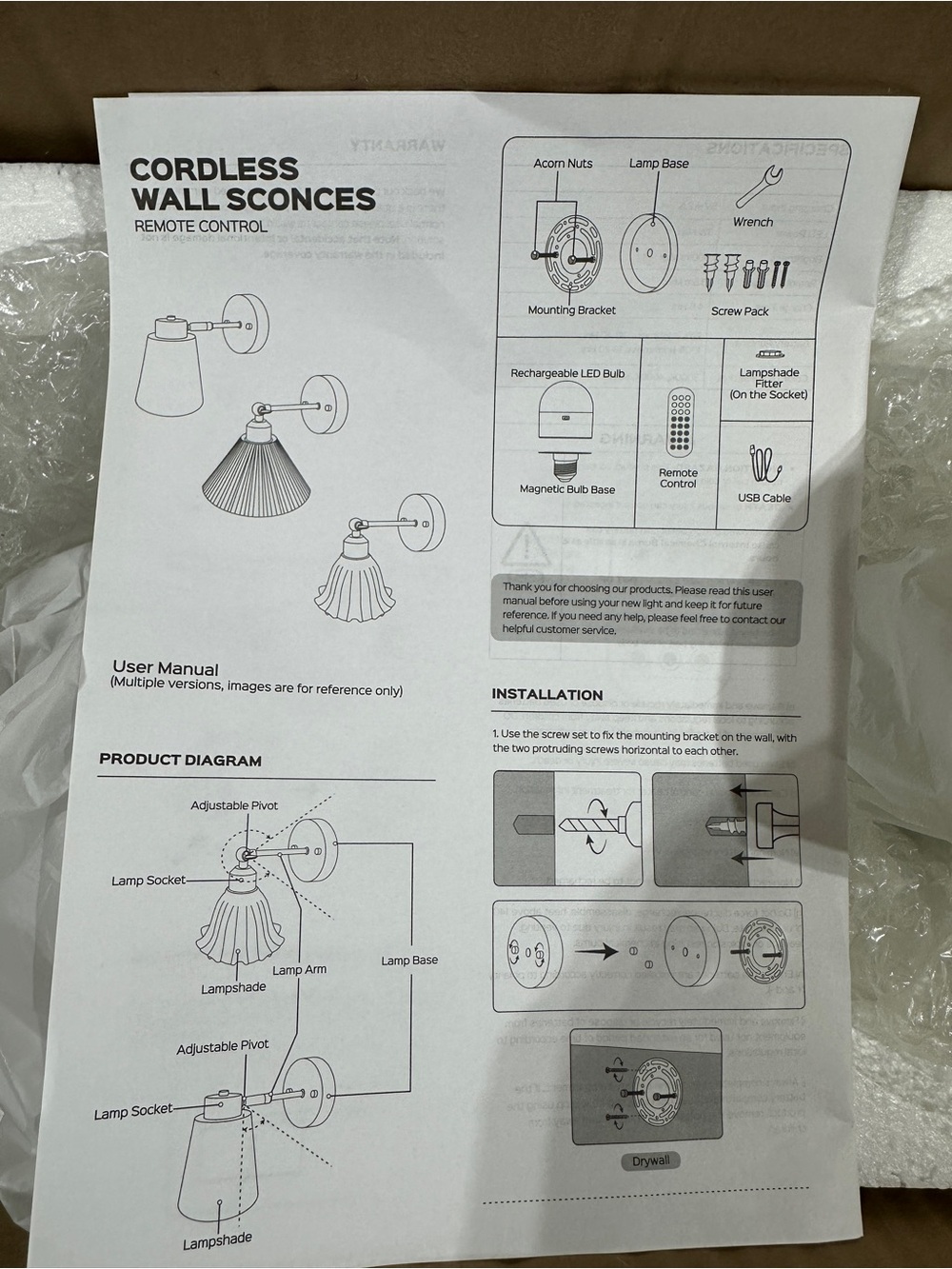 Cordless Wall Sconce Light - White Lampshade